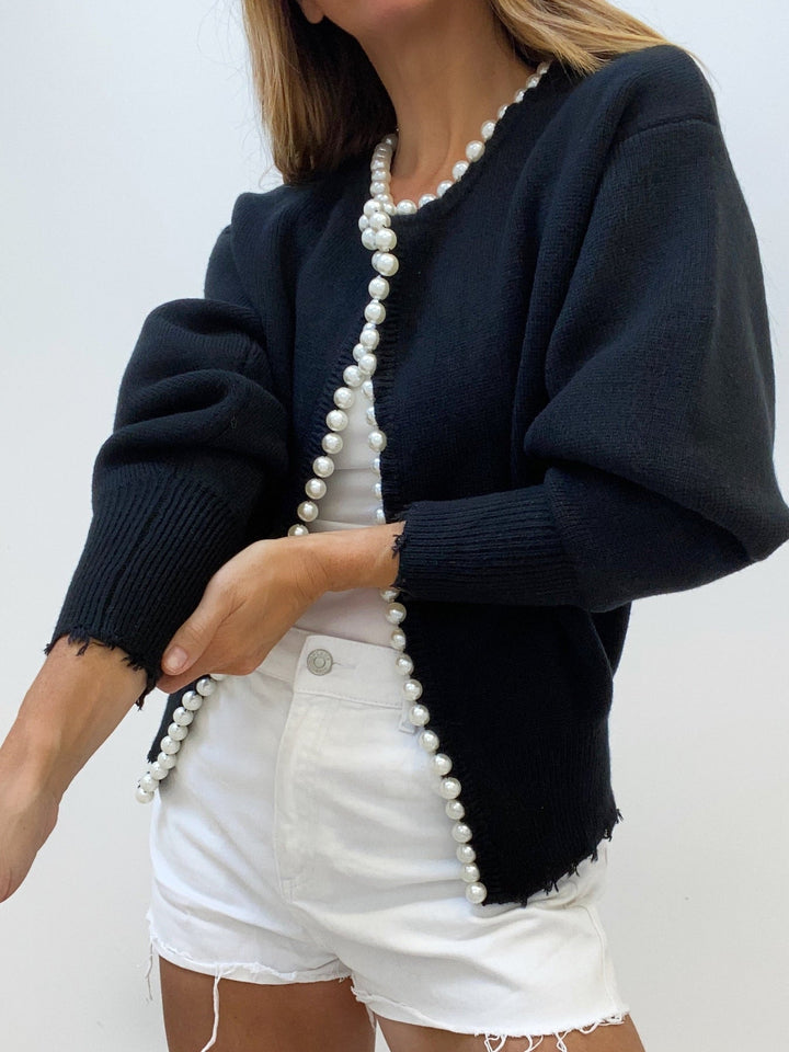 Eliza | Pearl Trim Ripped Hem Cardigan