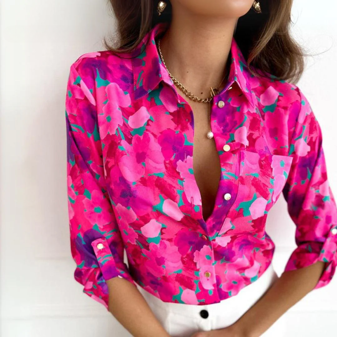 SOPHIE - Casual Hot Pink Blouse With Floral Print